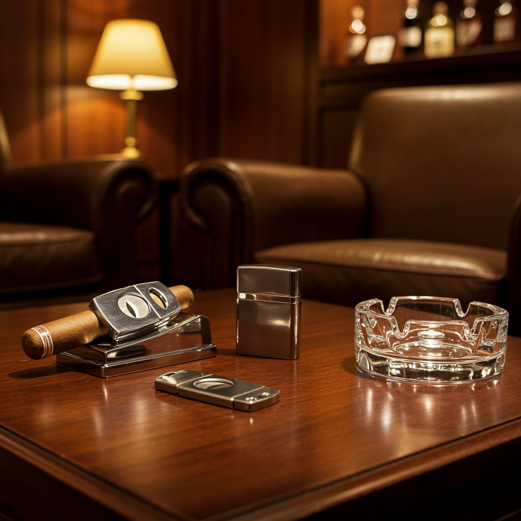 Upscale cigar lounge interior featuring premium cigar accessories such as a cutter, lighter, and crystal ashtray on a wooden table beside a leather chair, with warm lighting highlighting luxury and elegance.